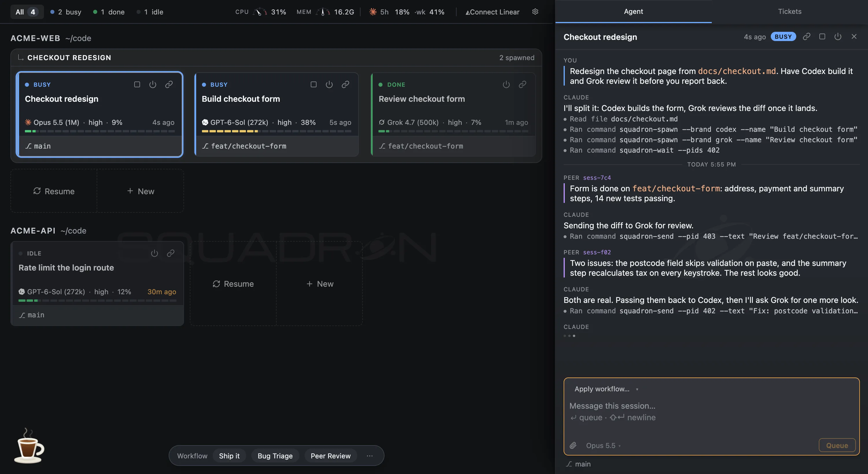 A Claude session spawning a Codex session to build a form and a Grok session to review it.